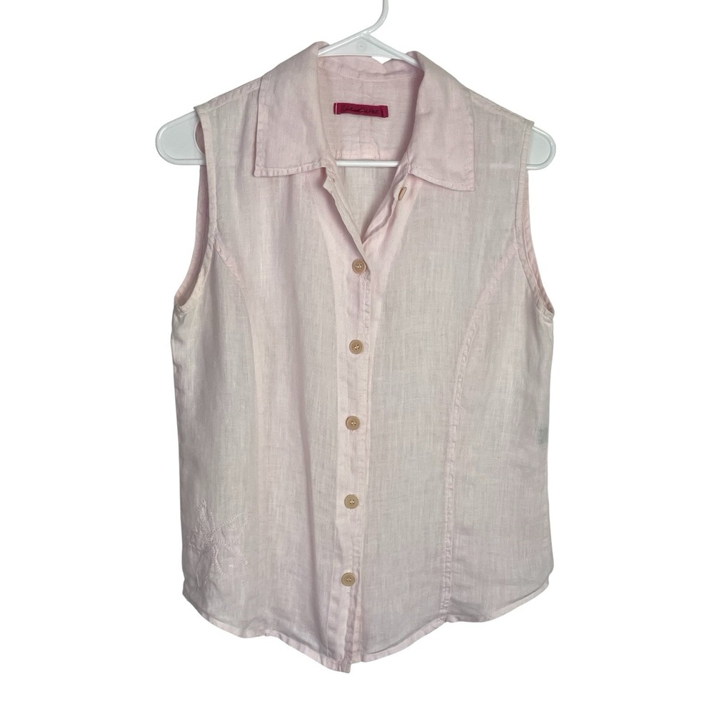 Natural Wave Womens 100% Linen Top Shirt Sz 2 Pink Button Embroidered Sleeveless